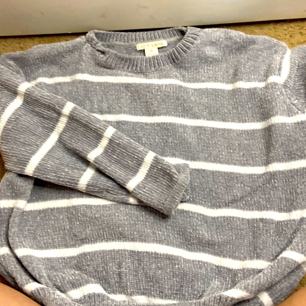 Luv Lane polyester sweater grey and white stripes new small